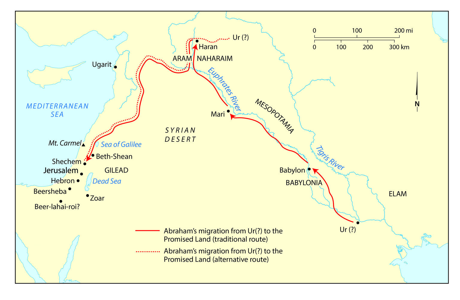 A simple parchment-style map of the ancient Near East showing Abram's journey, evoking the geography of the separation from Lot in Genesis 13: Abram in the highlands, Lot on the well-watered Jordan plain toward Sodom