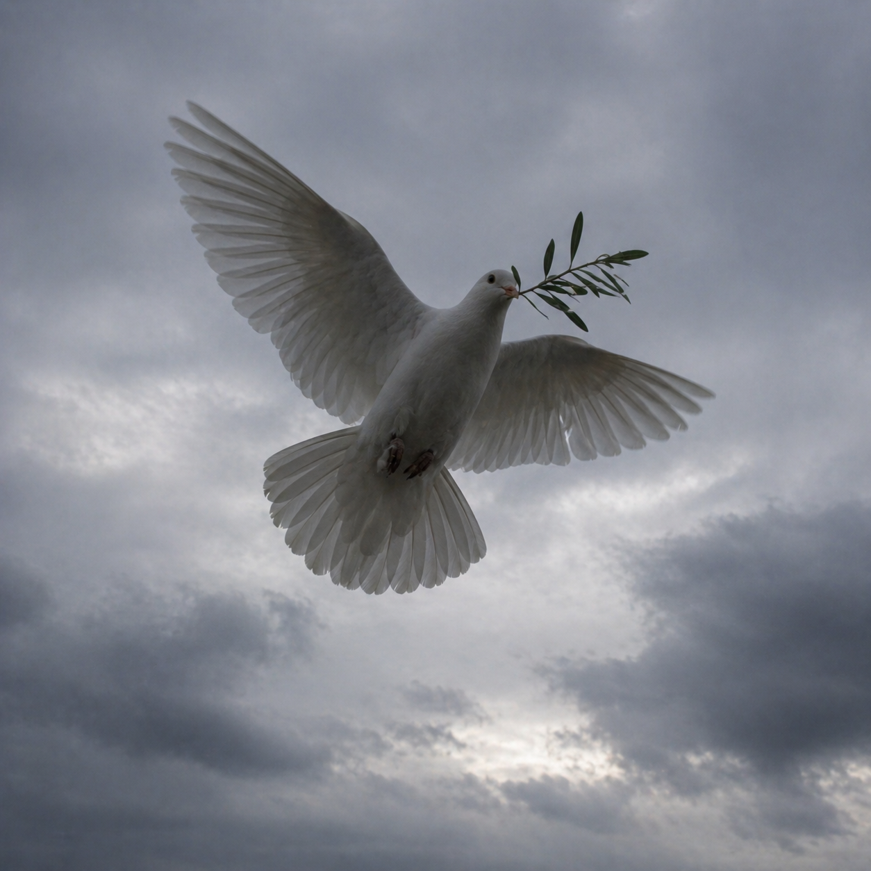 A single dove flying low over a calm sea at dawn carrying a fresh olive leaf, with a distant ark on the horizon, evoking Genesis 8:11
