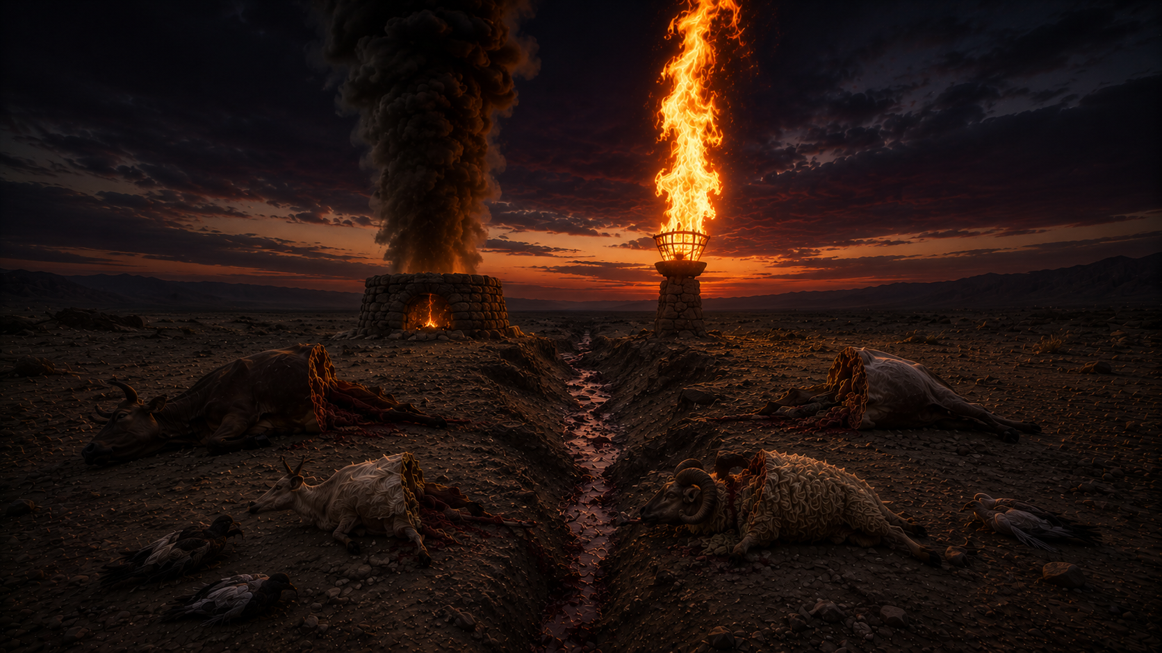 A column of smoke and a column of flame passing between rows of cut animals at dusk, illustrating the theophany of Genesis 15:17