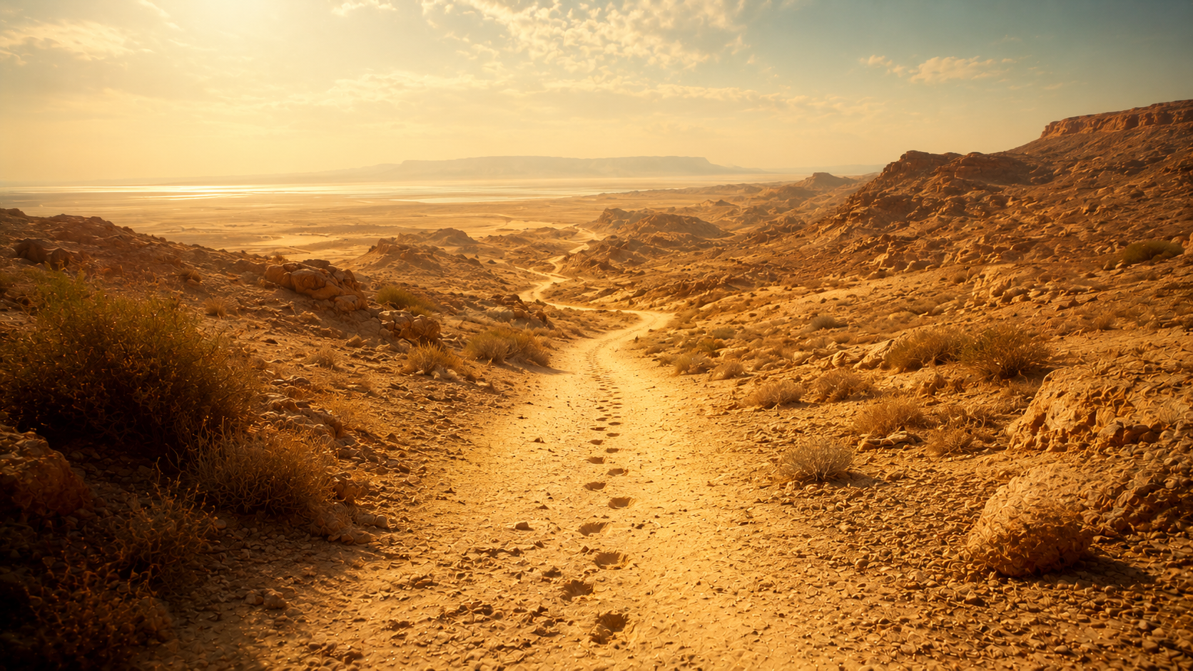 A single dusty desert road winding south through low sandstone hills with a line of footprints leading away, evoking Hagar's flight on the road to Shur in Genesis 16