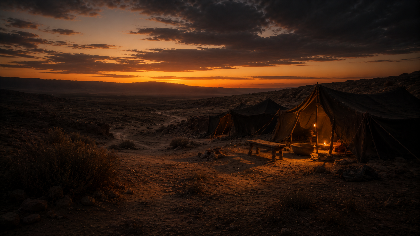A cluster of bedouin tents on a low ridge at the close of day with lamp-light spilling from one tent flap, evoking the same-day household obedience at the close of Genesis 17
