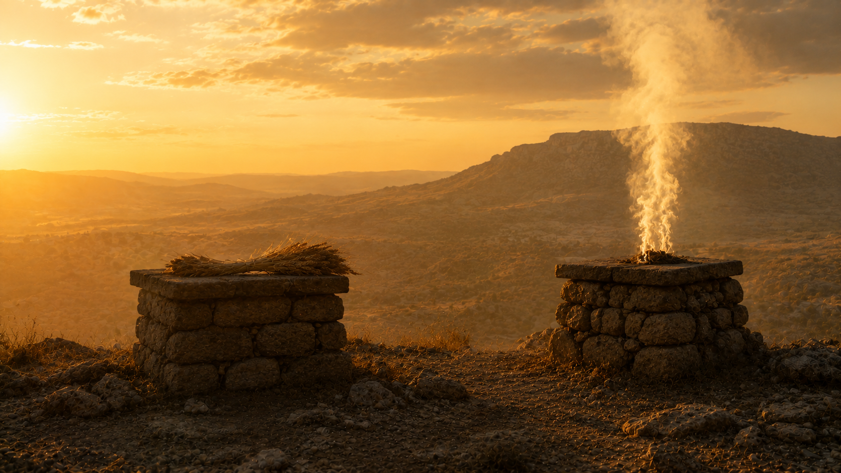 Two simple stone altars at golden hour, one with grain and one with a lamb's offering rising in smoke, evoking the offerings of Cain and Abel in Genesis 4