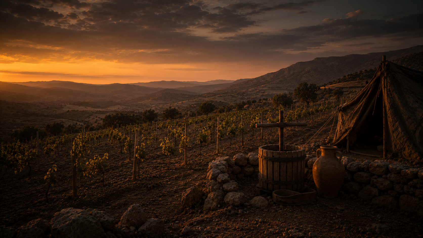 A small first-tended vineyard on a hillside at dusk with a wooden press, a clay wine vessel, and a weathered tent at the edge, evoking Noah's vineyard in Genesis 9