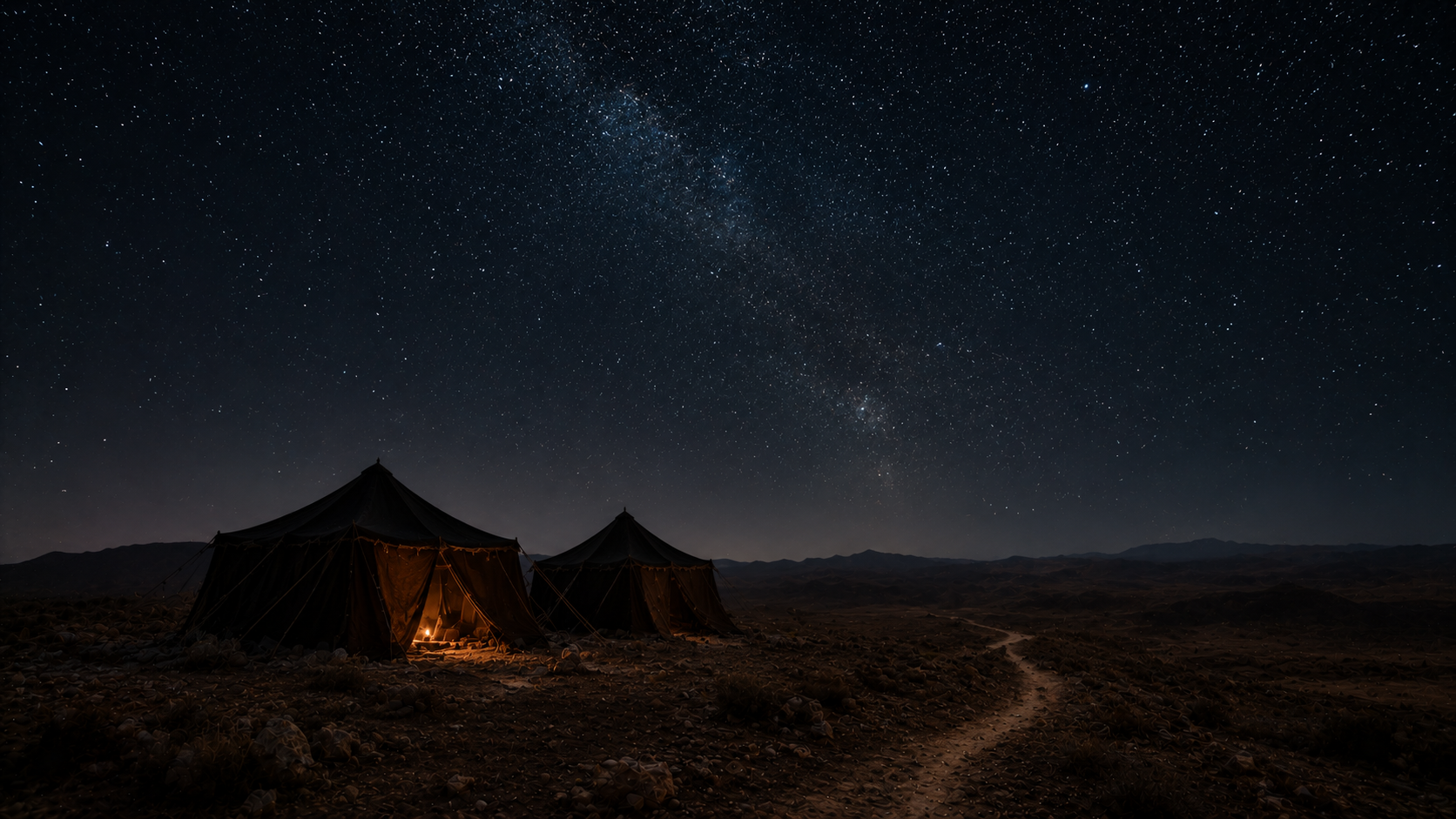 Two bedouin tents on a desert ridge under a starlit sky with a thin trail leading toward distant hills, evoking the patriarchal sojourn that runs from Genesis 12 to 50
