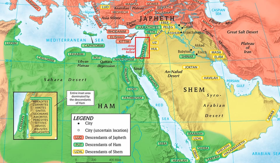 An aged parchment map of the ancient Near East in sepia tones, evoking the geography of the Table of Nations