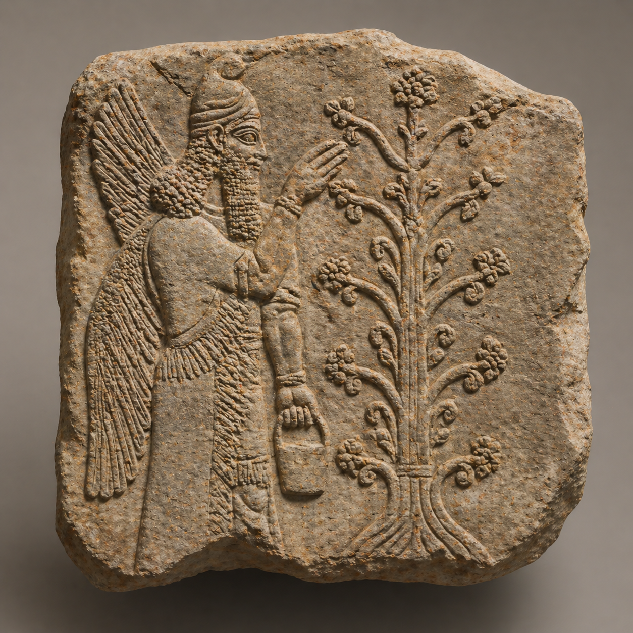 An ancient Near Eastern relief carving showing a guardian figure beside a stylized tree of life