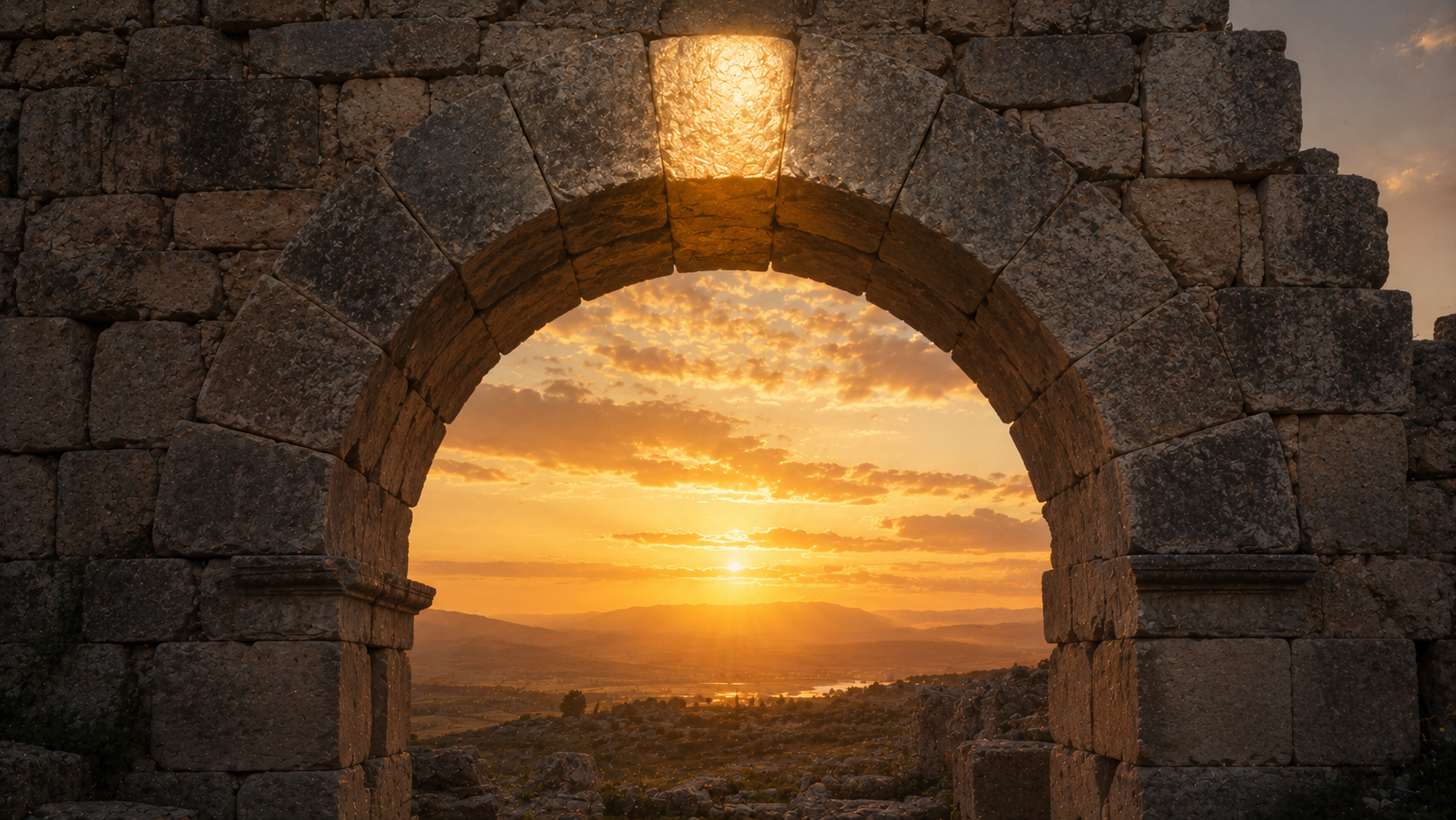 A vast dawn sky over the wide horizon of the Lycus River valley, the small ancient Phrygian town of Colossae nestled in the valley below catching the first warm light, the snow-capped peaks of Mount Cadmus in the distance behind, the whole scene under a luminous arch of cosmic light, evoking the Christ in whom all things hold together