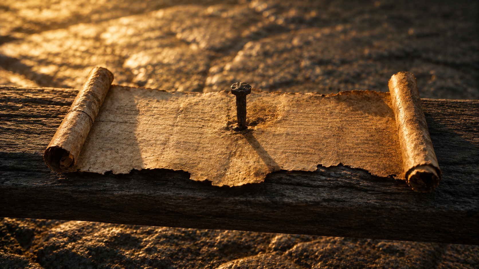 A close-up of a worn parchment scroll pinned by an iron nail to a dark wooden beam at late afternoon, evoking the certificate of debt nailed to the cross in Colossians 2:14