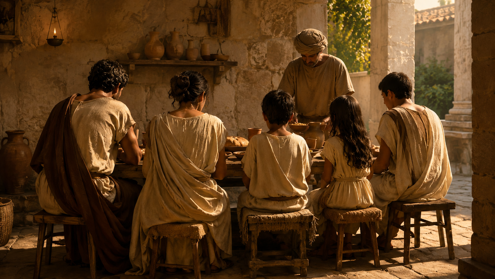 A 1st-century Roman provincial household at a shared late-afternoon meal in a stone-walled courtyard with figures of mixed ages including a servant included at the table, evoking the reframed household codes of Colossians 3:18-4:1