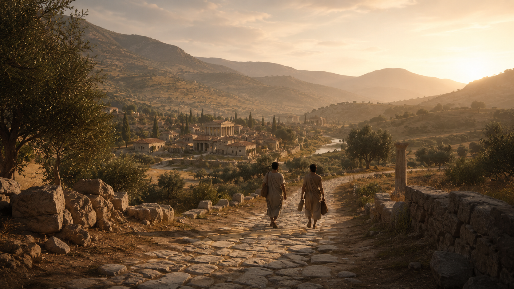 An ancient Roman stone-paved road through the Lycus Valley at late afternoon with two faceless figures in linen traveling cloaks walking together toward the town of Colossae, evoking Tychicus and Onesimus carrying the letter home in Colossians 4:7-9