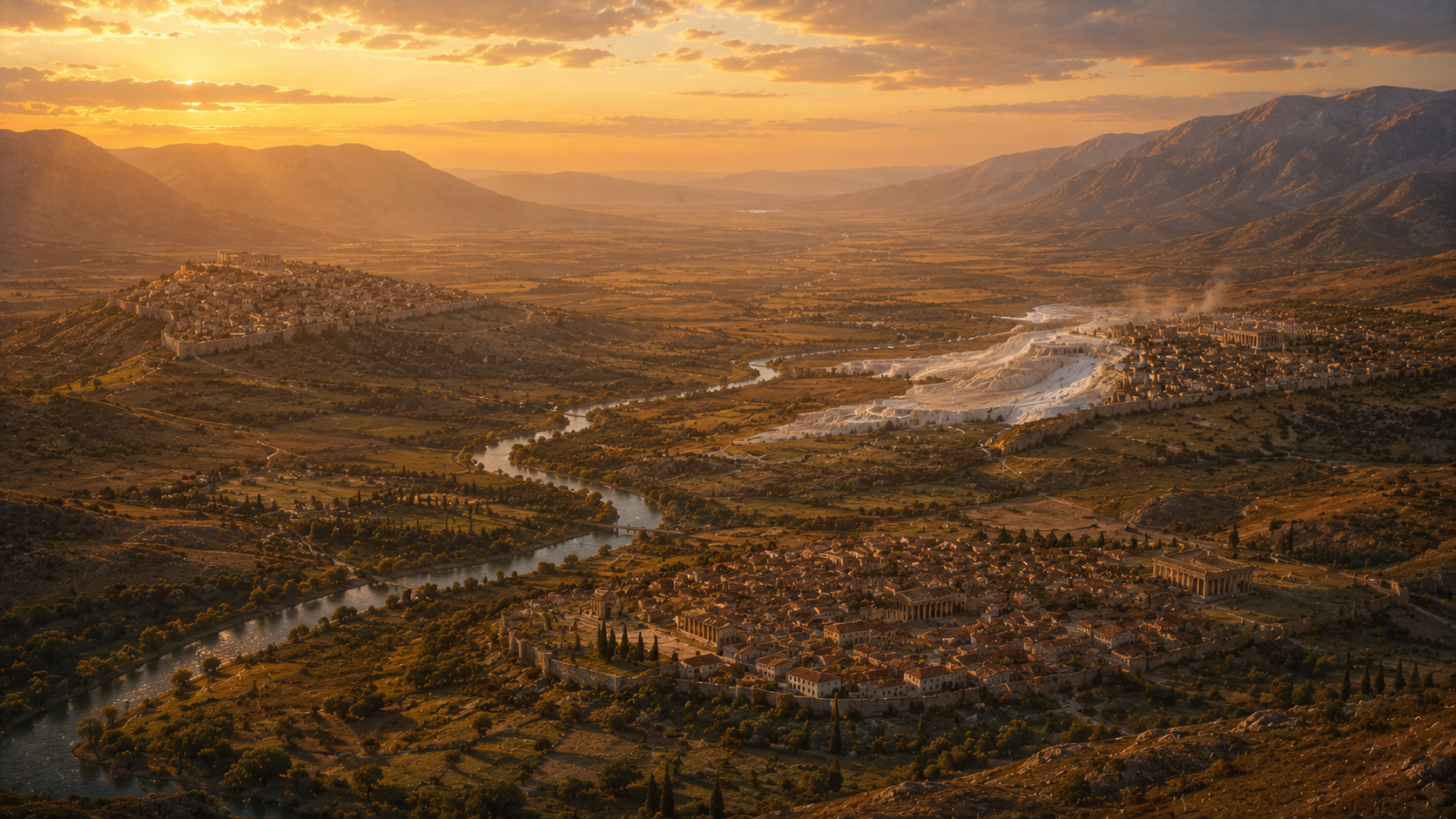 An aerial view of the Lycus River valley with the three sister-cities of Colossae, Laodicea, and Hierapolis spread across the valley floor at golden hour, evoking Epaphras's apostolic network