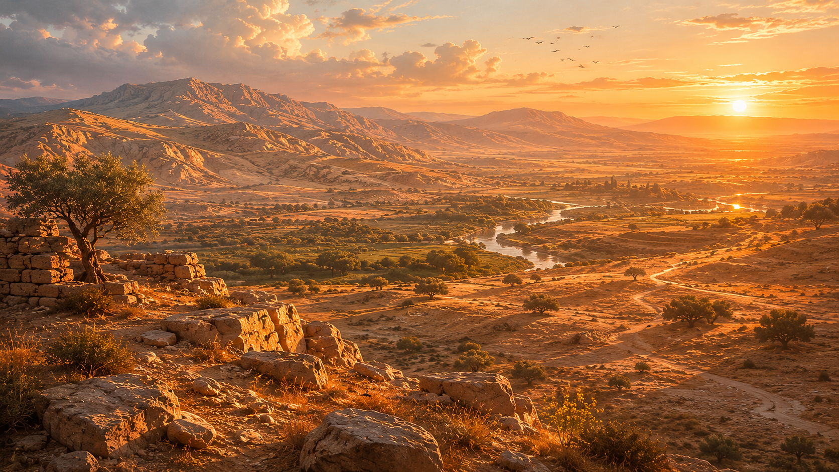 A wide, sunlit view of rugged hill country seen from the desert's edge, the good land waiting just beyond reach, evoking Israel at Kadesh-Barnea