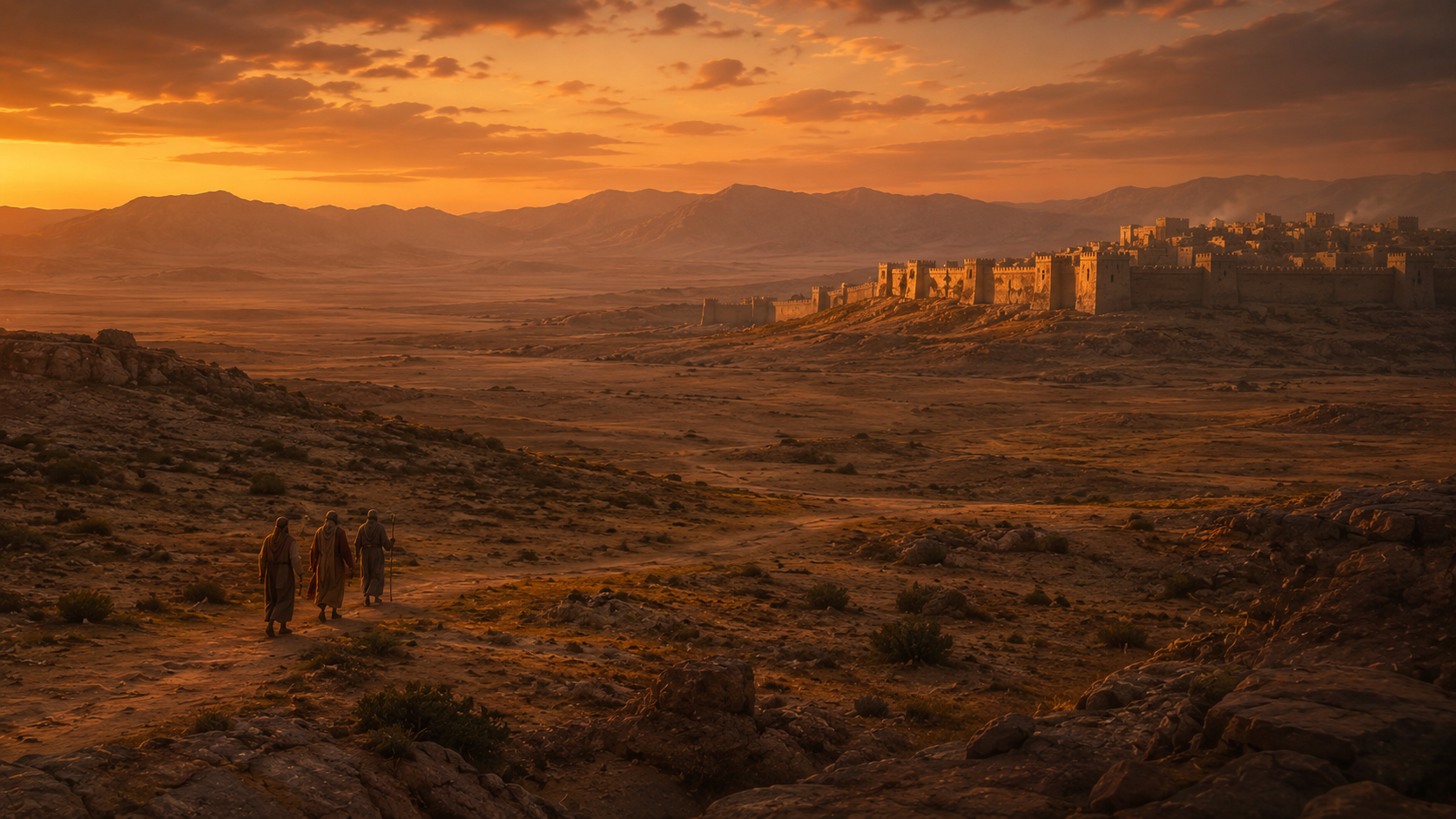 Envoys carrying an offer of peace across an arid plain toward a fortified Amorite city at dusk