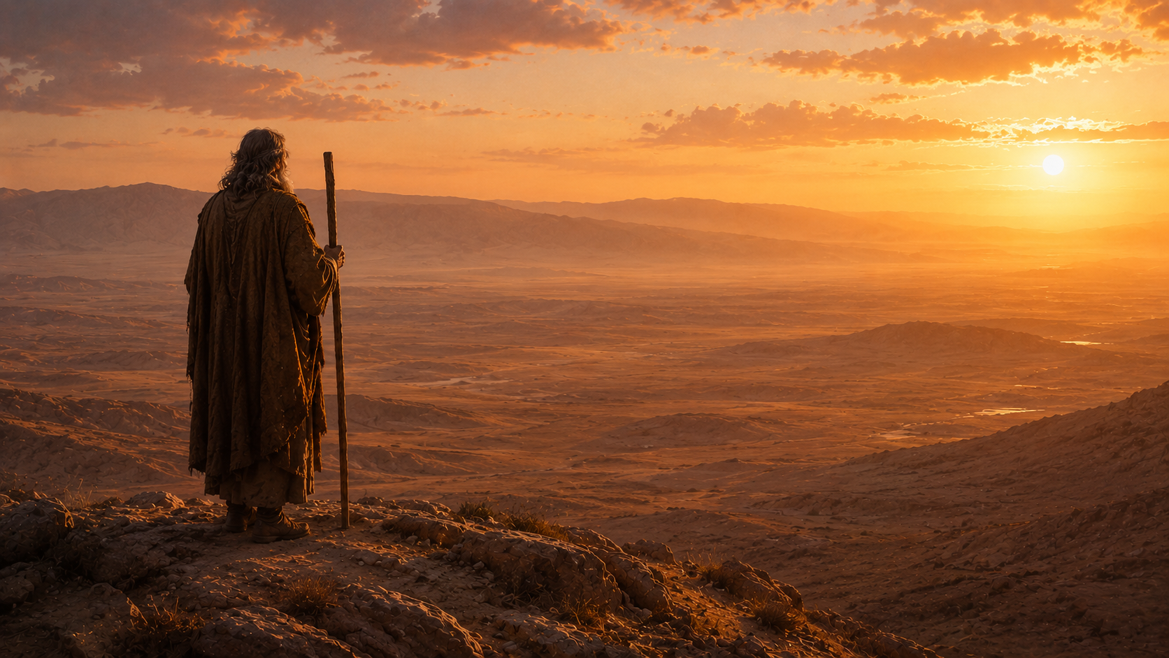 An aged Moses standing alone on a high ridge at sunset, gazing west across the Jordan valley toward the distant promised land he will not enter
