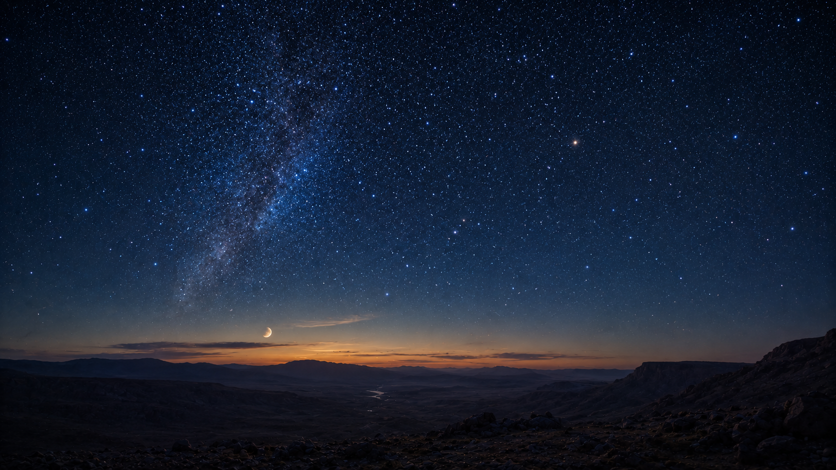 A vast night sky of stars over the dark wilderness, the sun and moon low on the horizon, the dazzling host of heaven that Israel must not worship