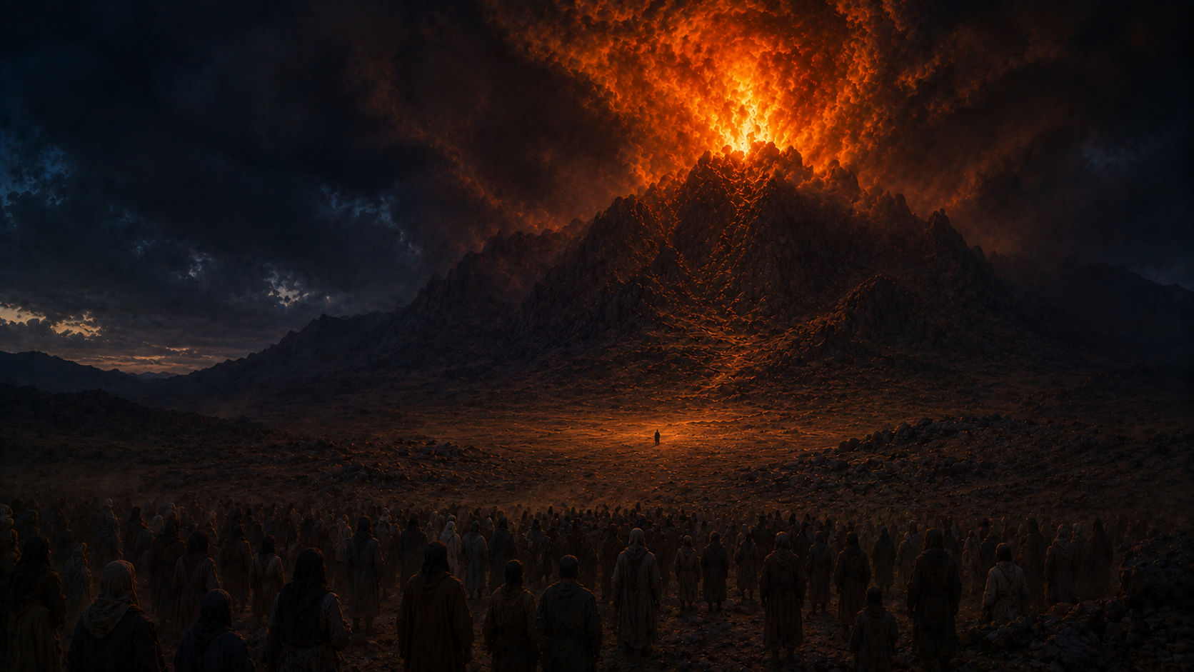 Israel standing far back in the darkness while a single figure approaches a mountain wreathed in fire, cloud, and thick darkness