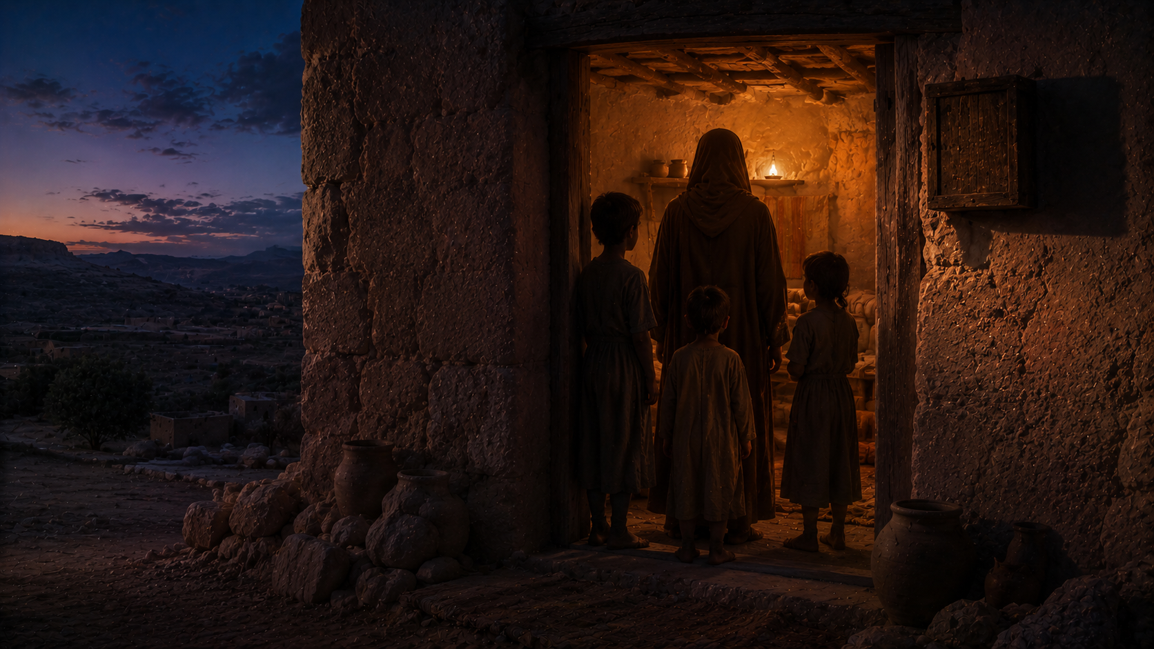 A parent and children gathered at the doorway of a simple home at dusk, a small mezuzah on the doorpost, the words of the creed being handed down