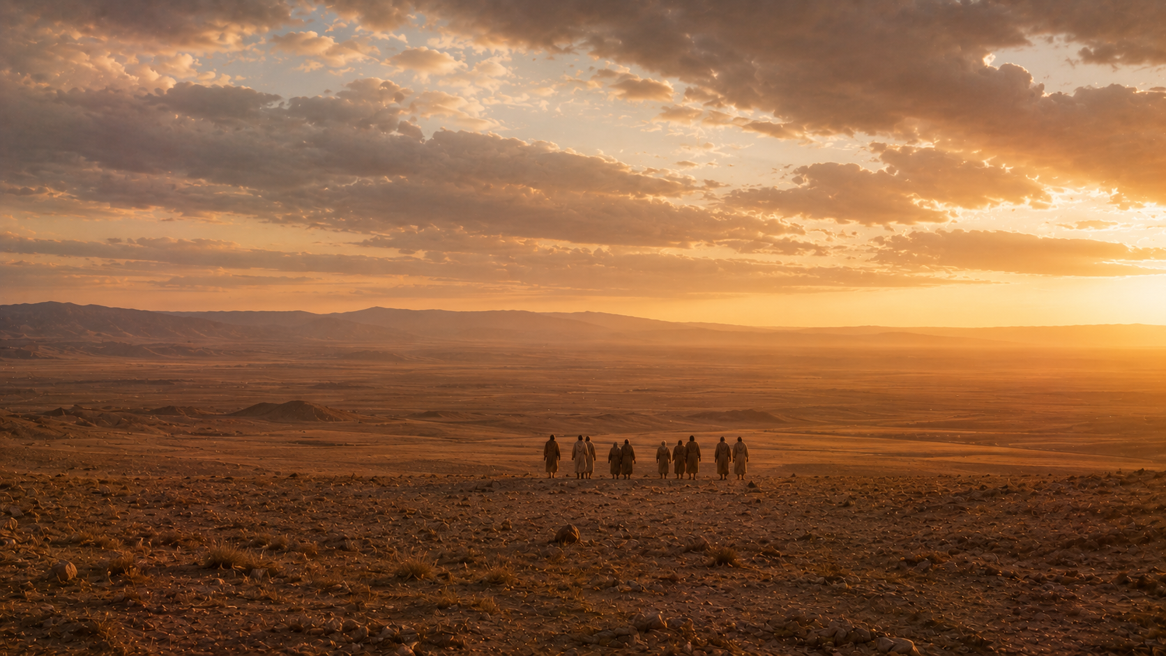 A small, ragged band of people on a vast plain, dwarfed by the scale of the land and sky around them, the fewest of all peoples