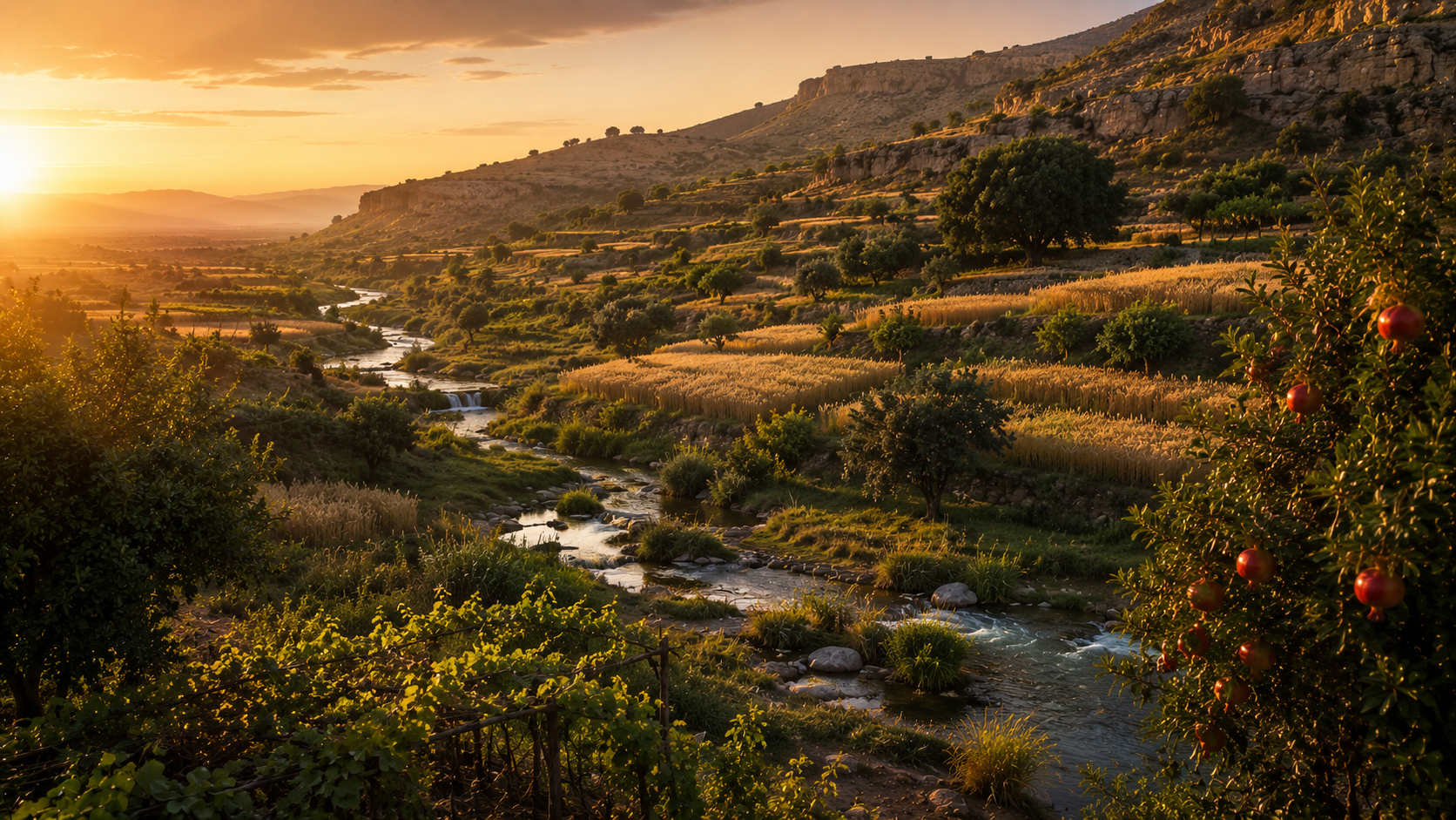 A lush valley of brooks and springs, wheat and barley, fig trees and vines and pomegranates heavy with fruit, the good land described in Deuteronomy 8