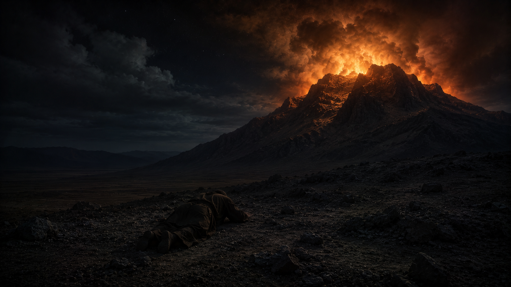 A solitary figure lying face-down on bare rock before a mountain still glowing with fire, interceding through the long night