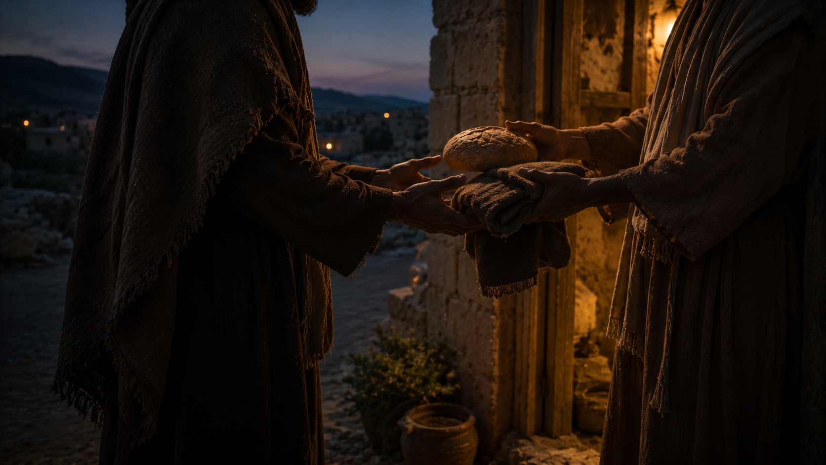 Hands offering bread and a cloak to a weary traveler at a doorway, the orphan and widow welcomed, the foreigner loved