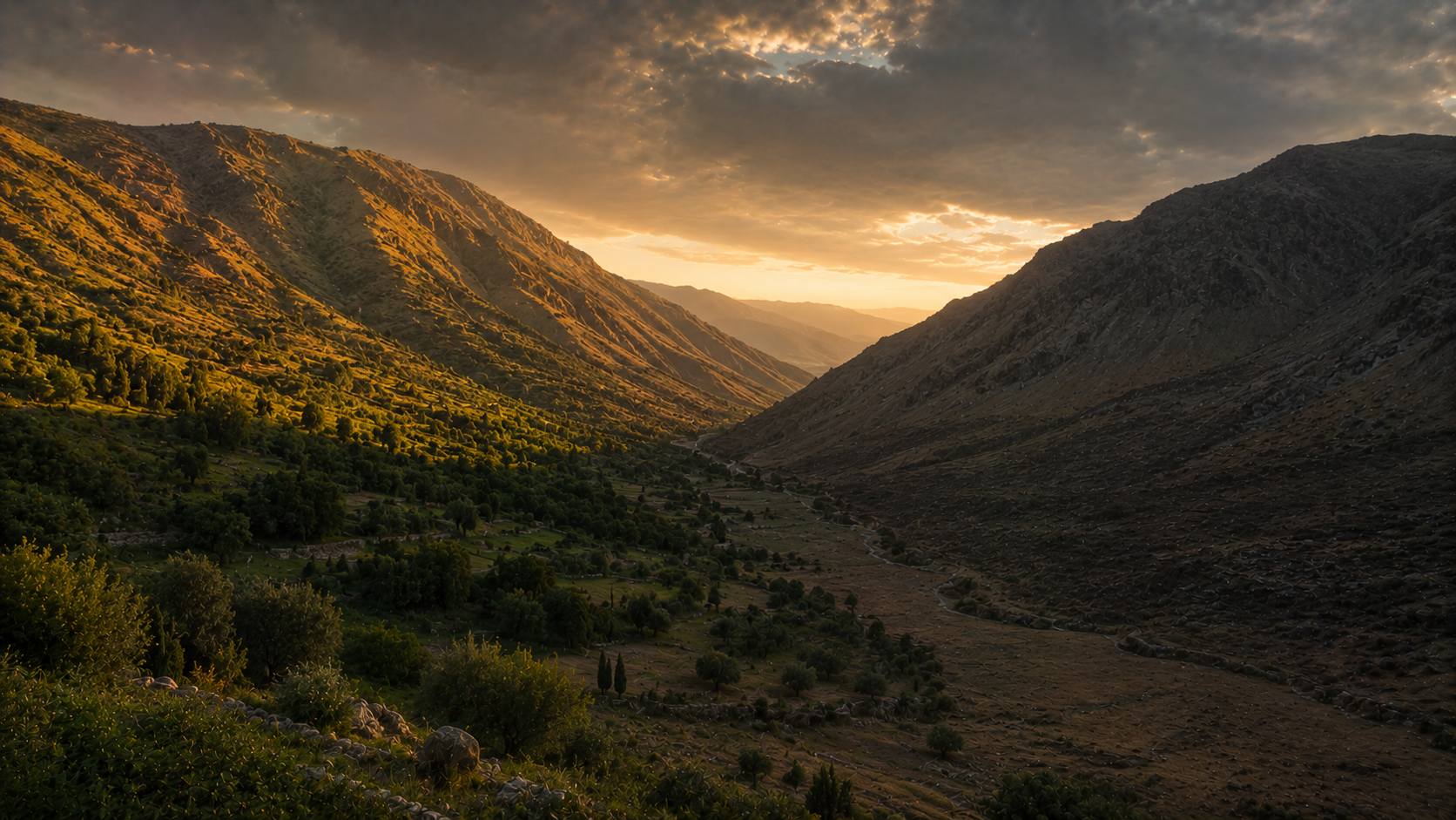 Two facing mountains across a green valley, one slope sunlit and fruitful, the other bare and shadowed, the blessing and the curse of Gerizim and Ebal
