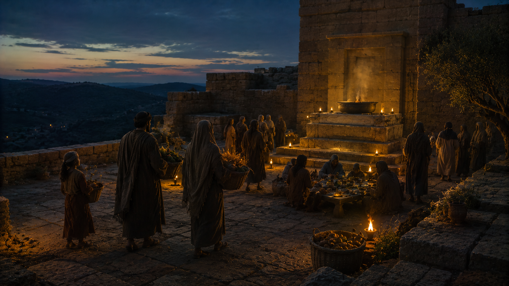 A family at the central sanctuary bringing baskets of grain and firstfruits, eating and rejoicing together before the Lord at dusk