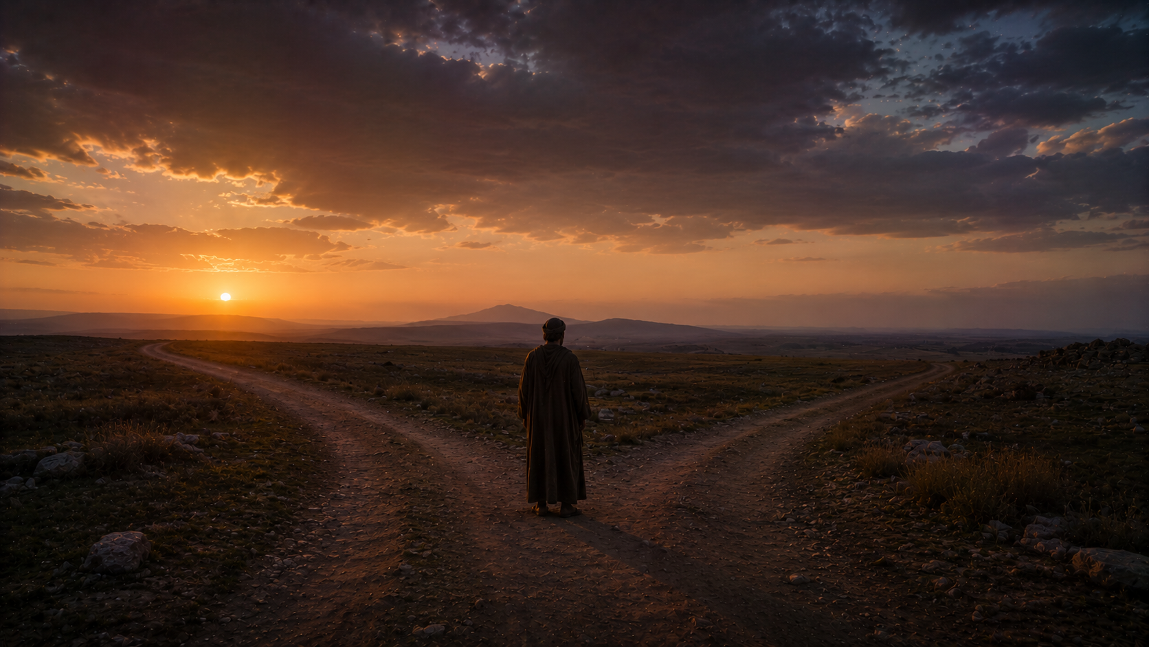 A lone traveler paused at a fork in the road beneath an ambiguous wonder in the sky, the heart’s loyalty being weighed