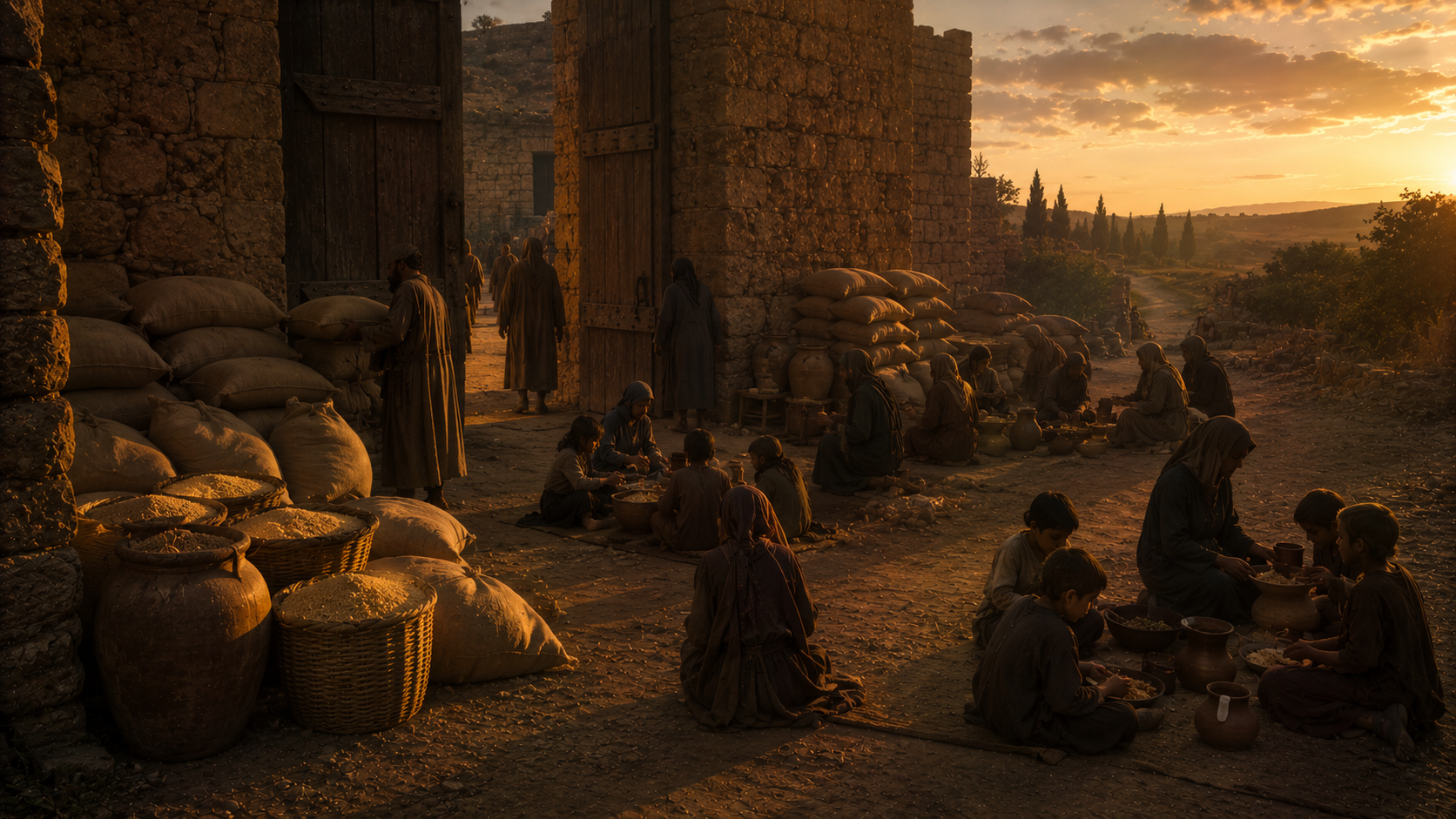 Sacks of grain and jars of oil and wine stored at a town gate, where a Levite, a foreigner, a widow, and orphaned children gather to eat and are satisfied