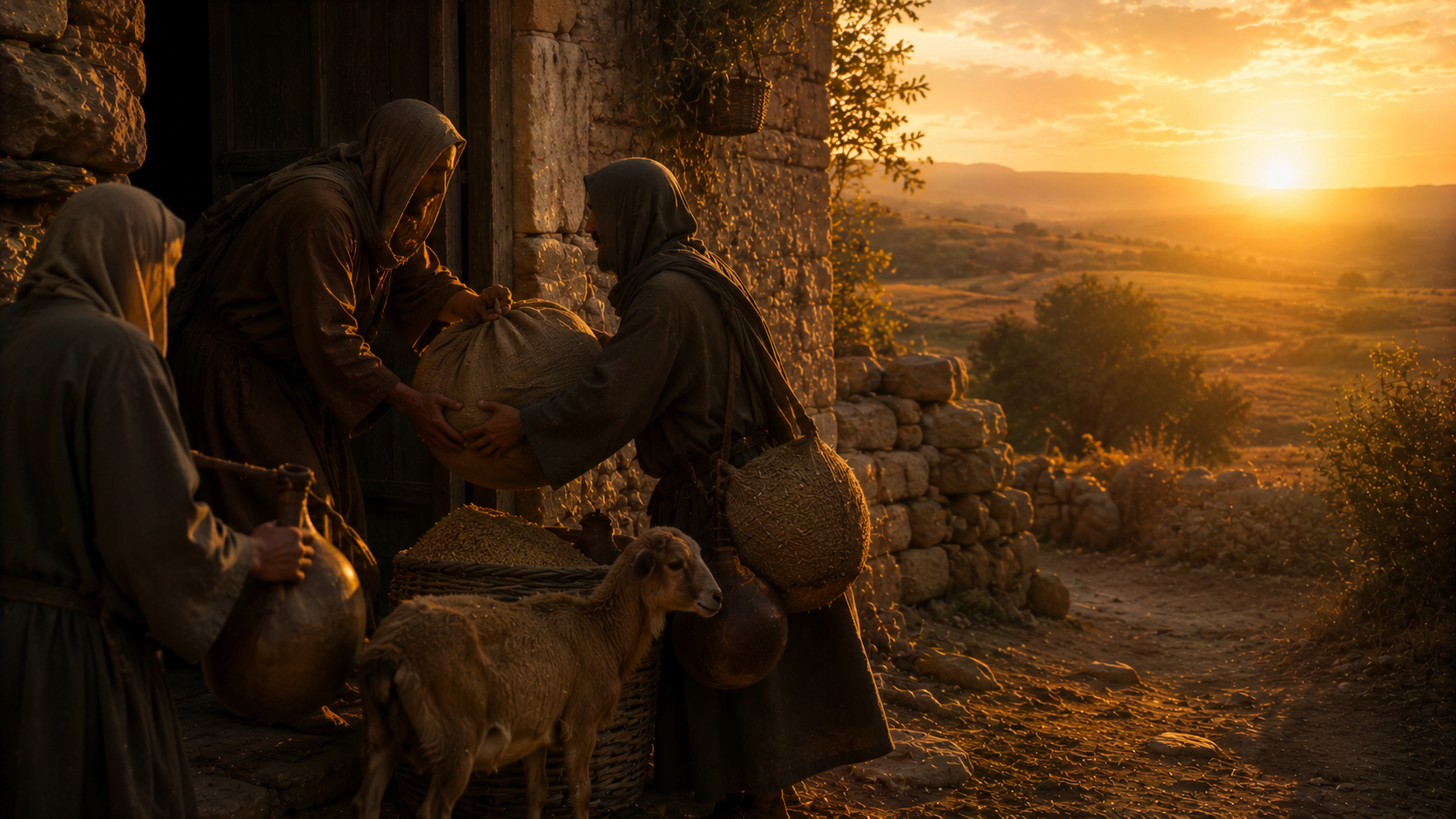 A freed servant at a doorway being loaded with grain, a young animal, and a wineskin, sent out with open hands rather than empty
