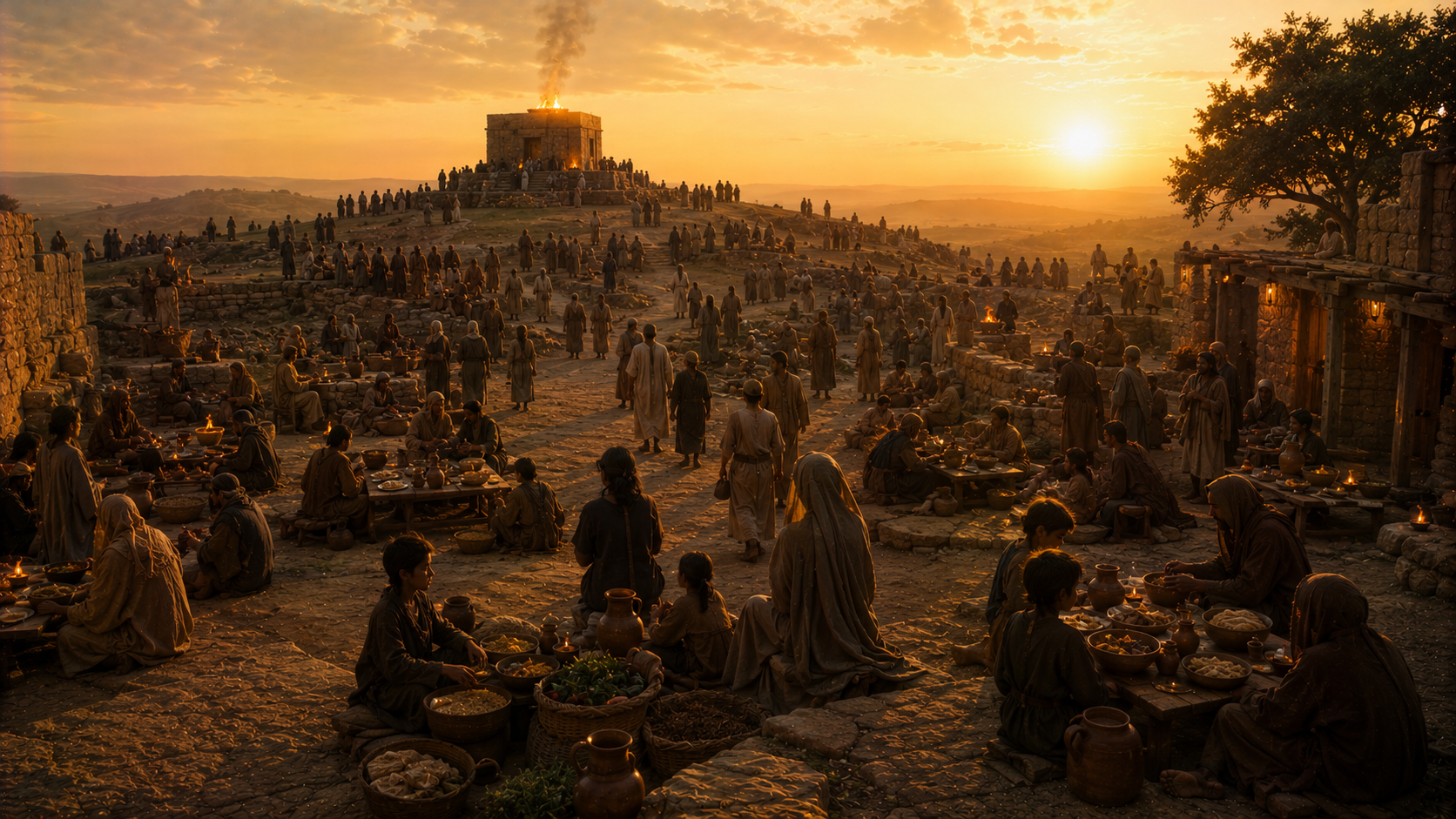 Pilgrims of every kind, families, servants, a Levite, a widow, a foreigner, gathered at the central sanctuary at harvest, rejoicing together at the feast