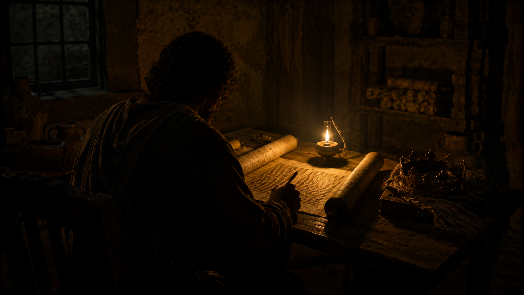 A seated king copying a scroll of the law by lamplight, the crown set aside on the table, the Torah open before him