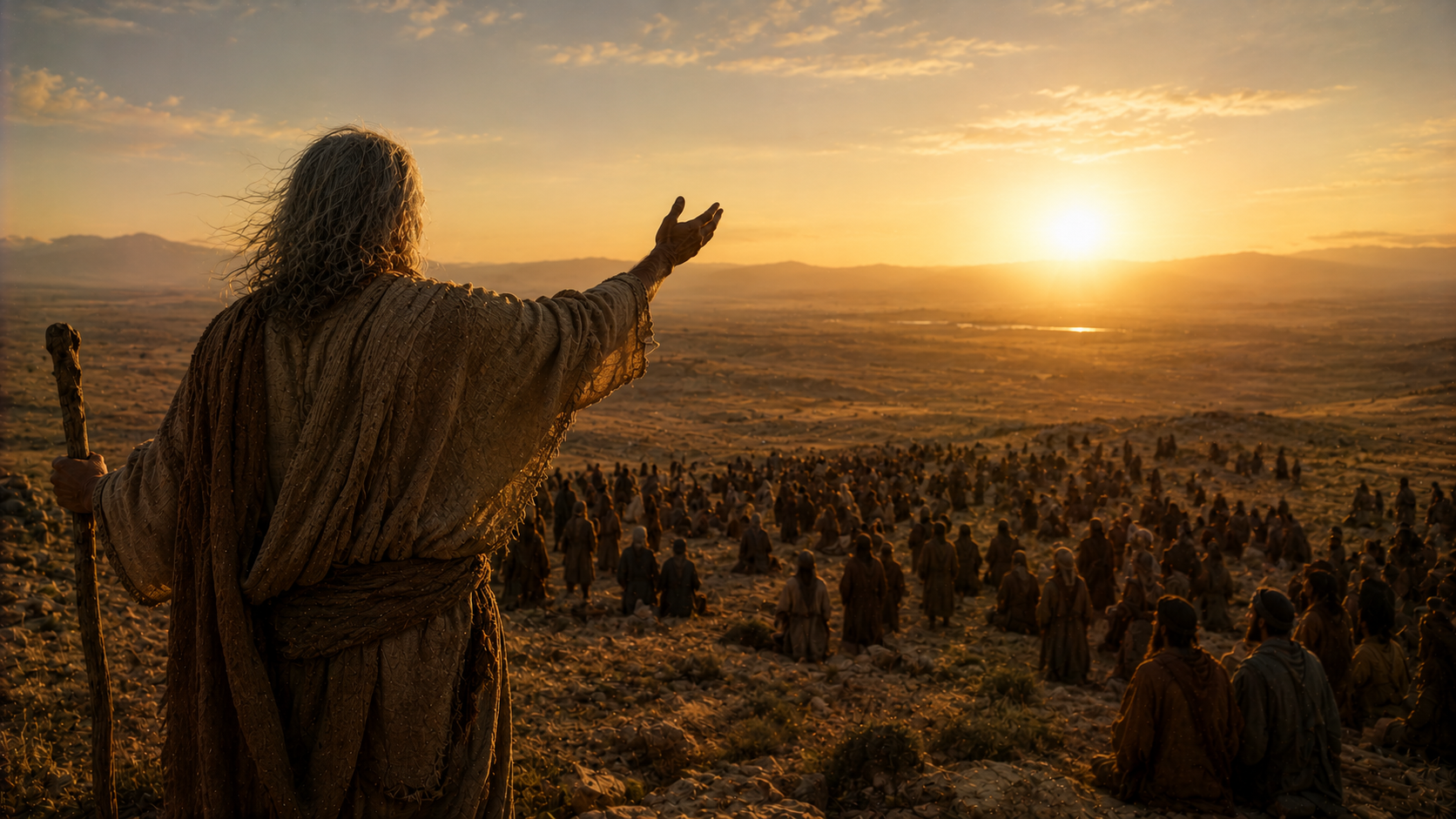 Moses, aged and weathered, lifting his hand toward the horizon as if pointing to one yet to come, the people listening