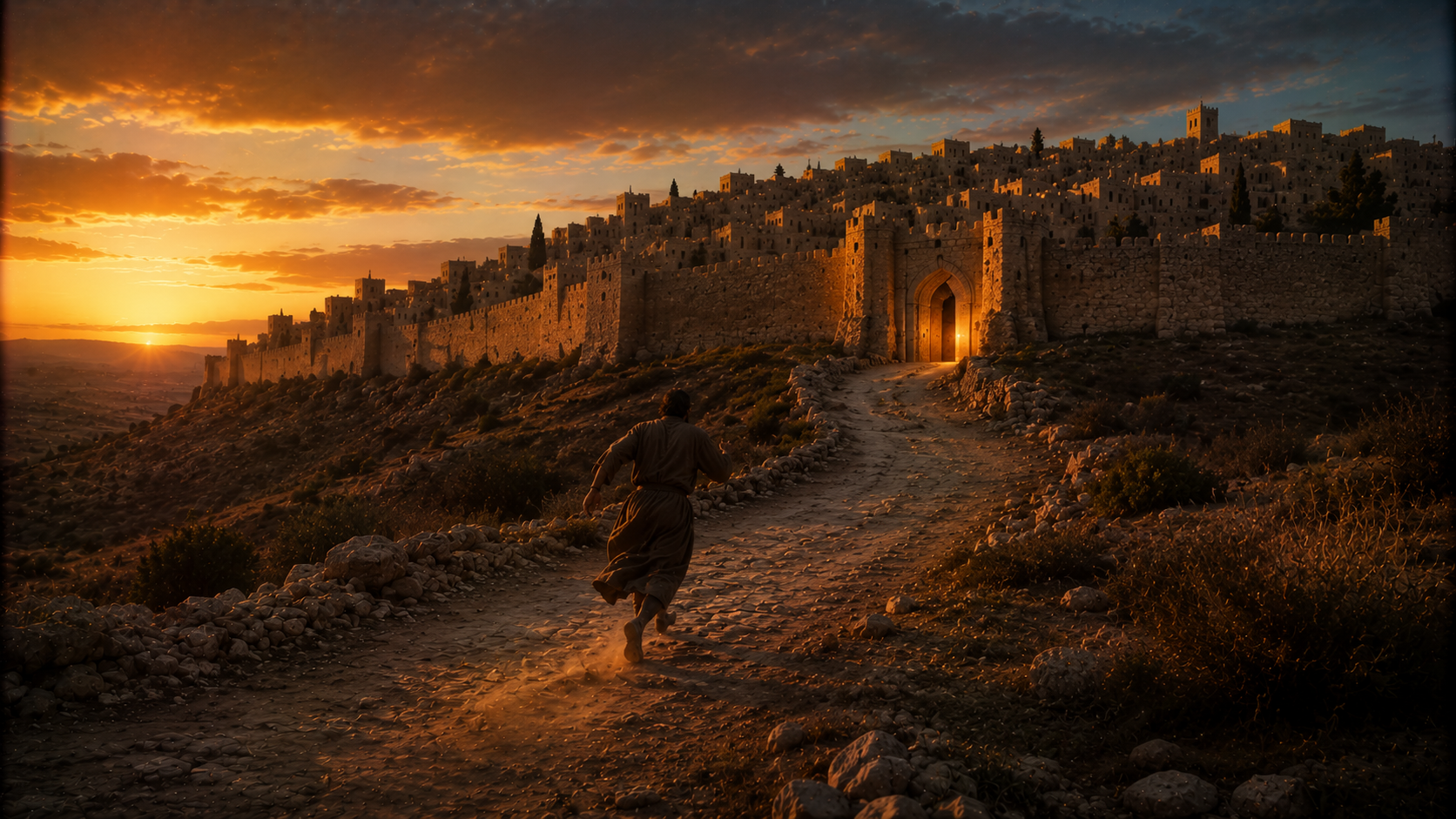 A man running toward the open gate of a hilltop city of refuge at dusk, the road behind him cleared and marked, sanctuary in sight