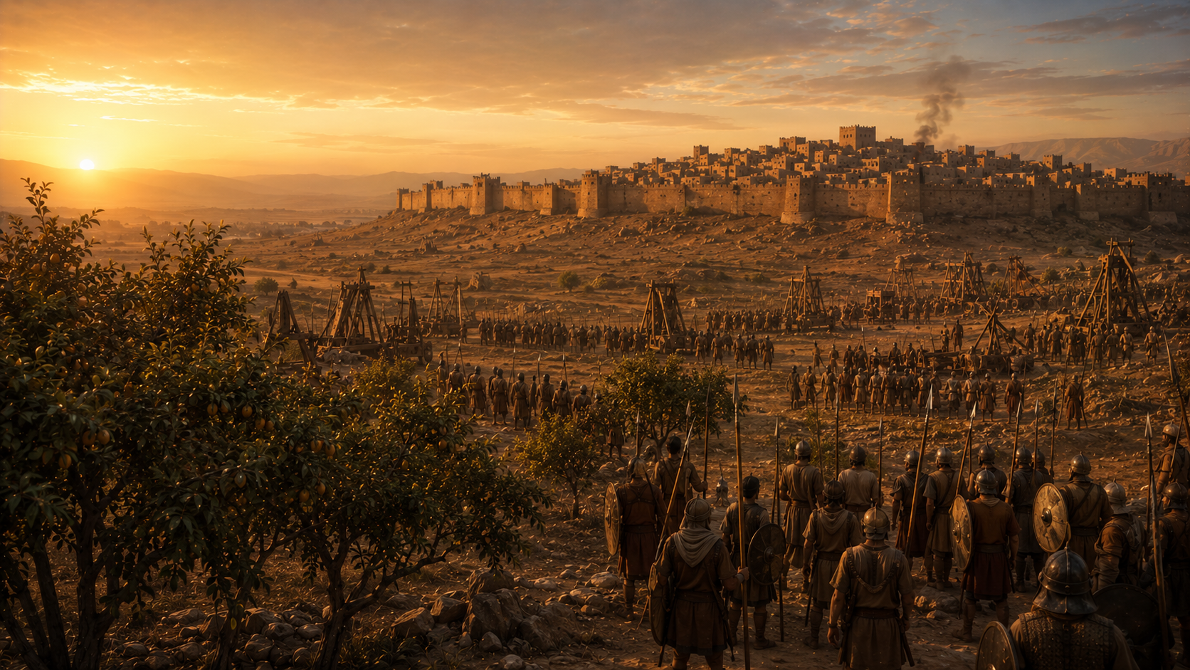 Soldiers laying siege to a walled city while an orchard of fruit trees just outside the walls is left standing and unharmed