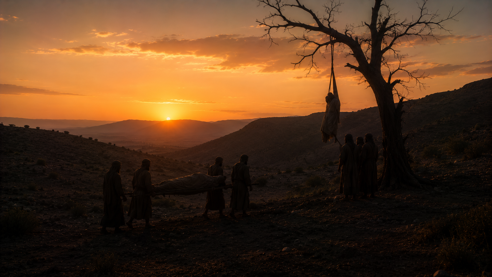 A body being lowered from a tree at sunset and carried for burial the same day, the hill in shadow
