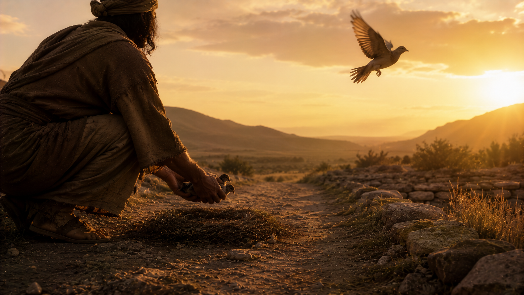 A person crouched on a path gently lifting young birds from a nest while the mother bird is let fly away free