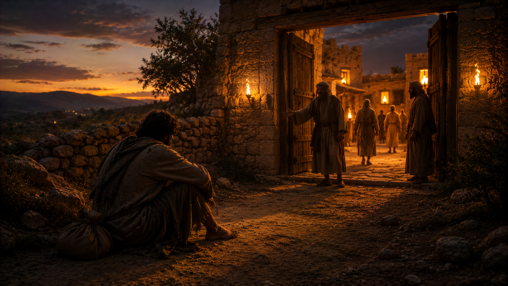 A weary runaway resting at the gate of an Israelite town, welcomed rather than turned away, free to choose where to live