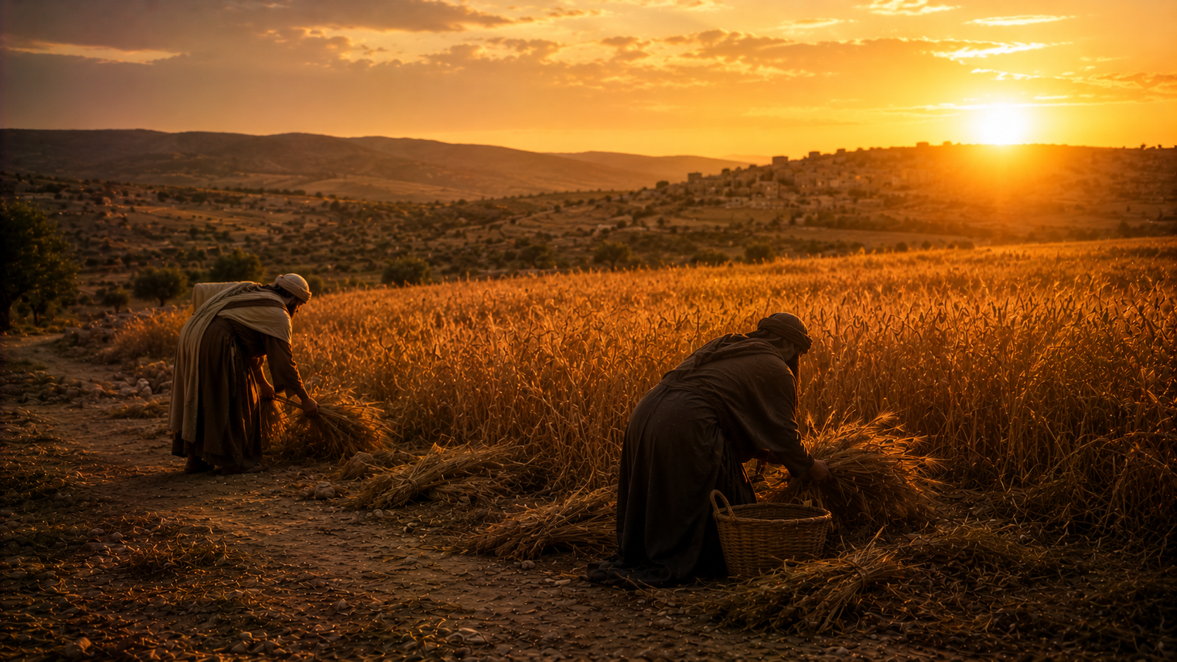 A widow and a foreigner gathering grain a reaper deliberately left at the edge of a golden field at dusk