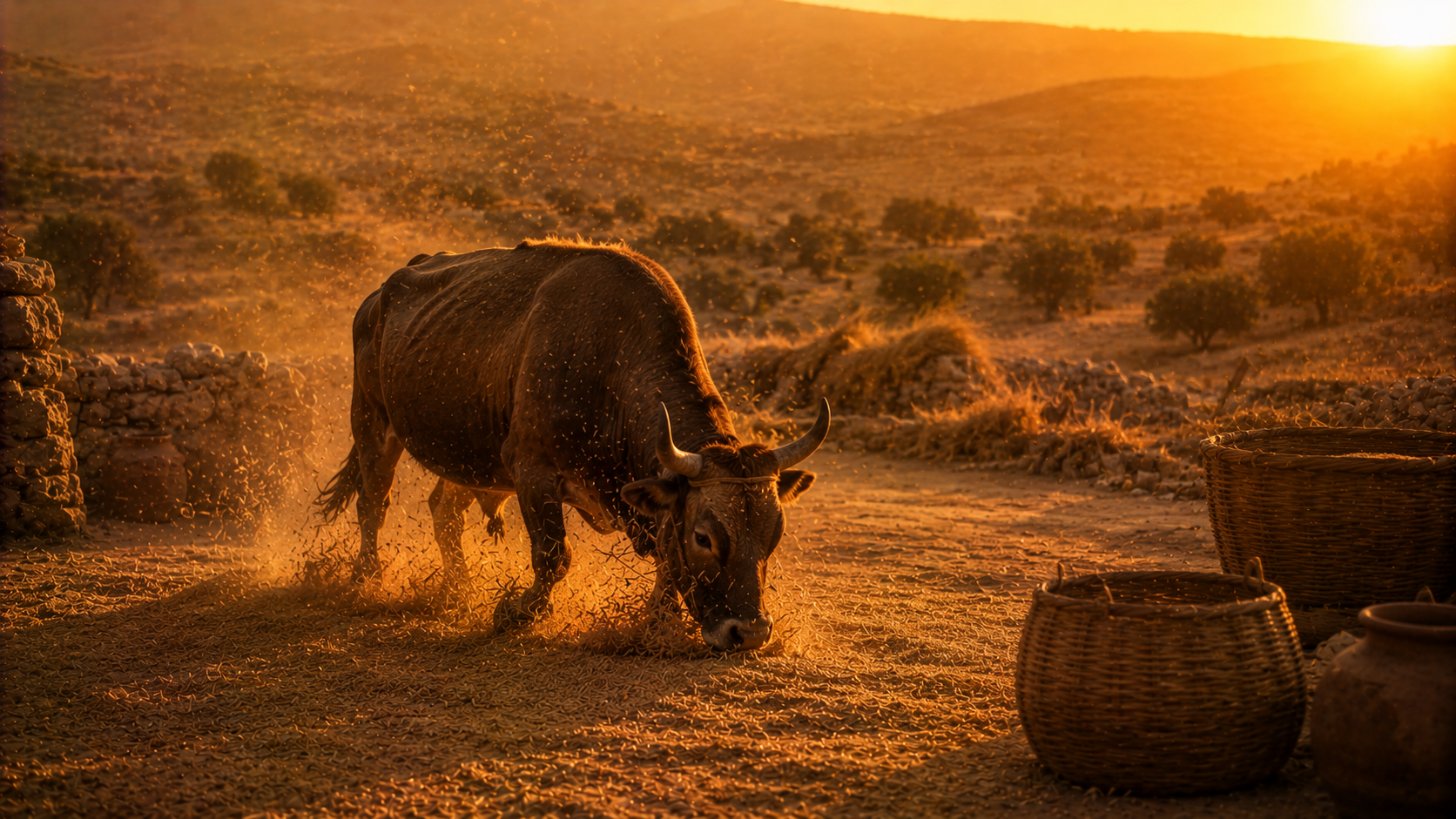 An ox treading out grain on a threshing floor, unmuzzled and free to eat as it works