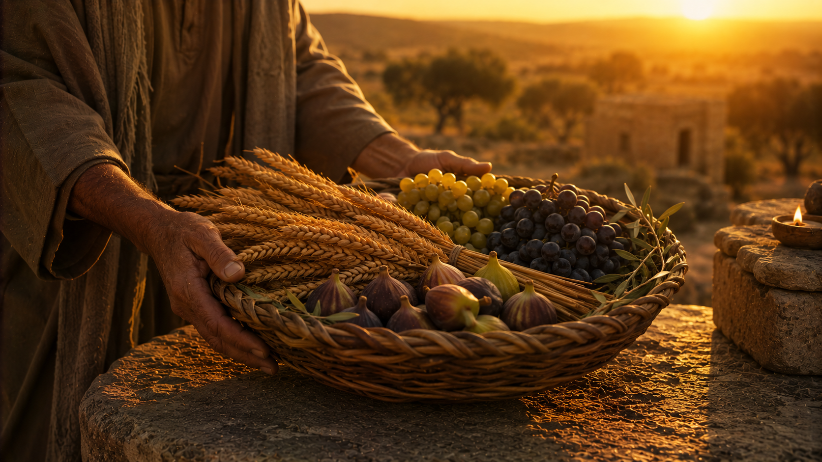 A weathered farmer's hands setting down a woven basket of first grain, grapes, and figs before a simple altar
