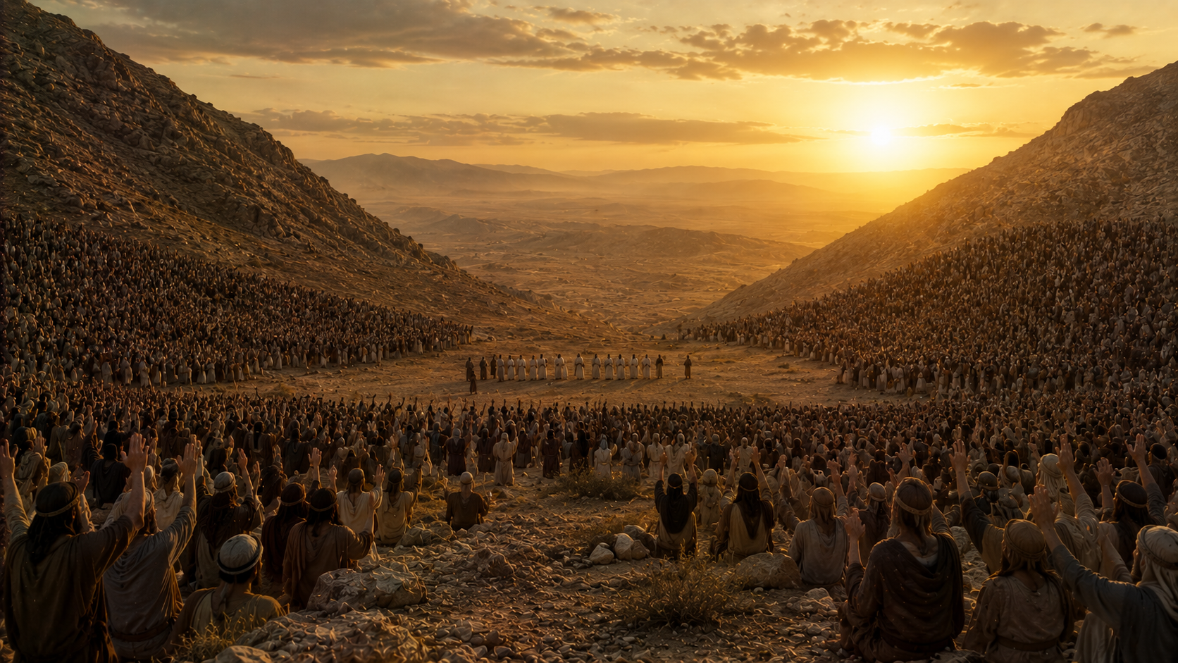 Two facing mountainsides crowded with the tribes of Israel, the Levites standing in the valley below, the whole assembly answering with raised hands