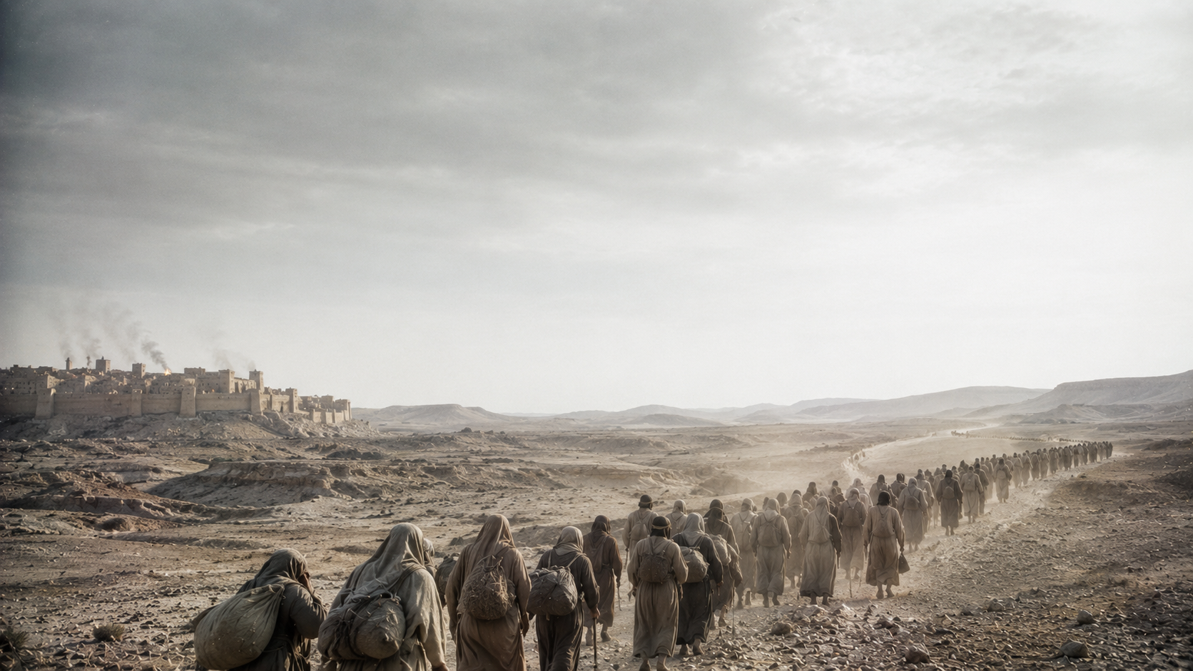 A long line of exiles led away beneath a vast empty sky toward an unknown horizon, the homeland shrinking behind them