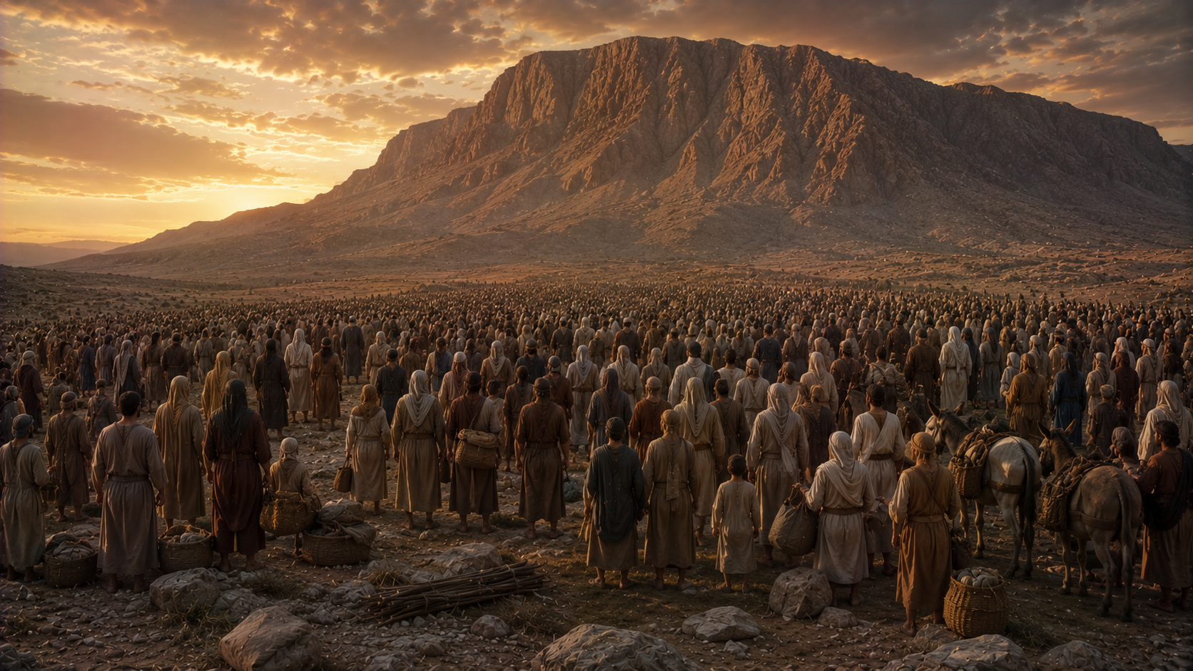 A vast assembly of all kinds of people, leaders and children, women, foreigners, woodcutters and water-carriers, standing together before the mountain