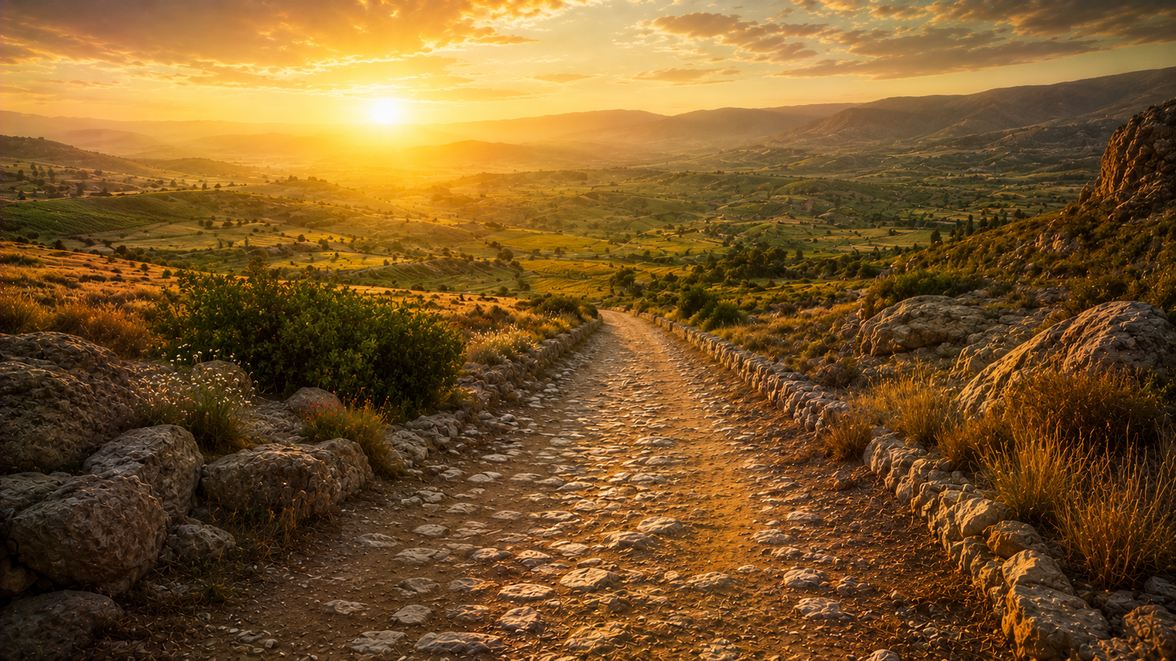An open road climbing toward a sunlit, flourishing land at dawn, the way of life set before the traveler