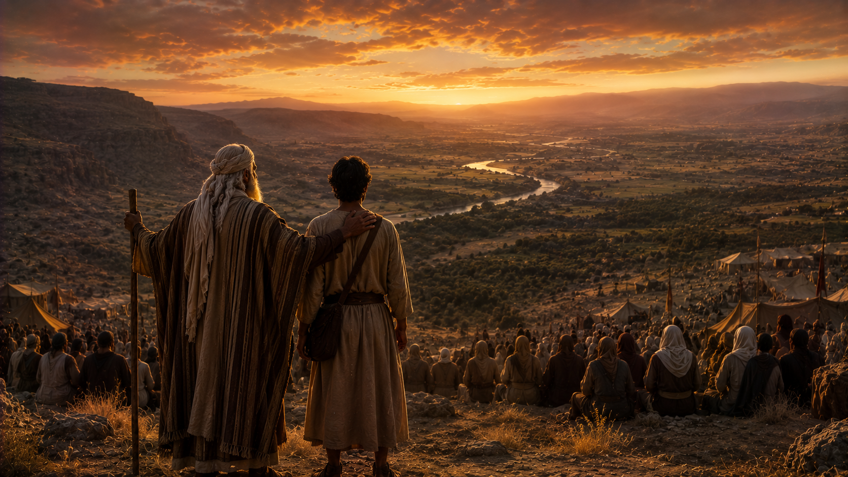 An aged Moses laying a hand on Joshua's shoulder before the assembled people at the camp's edge, the Jordan valley beyond