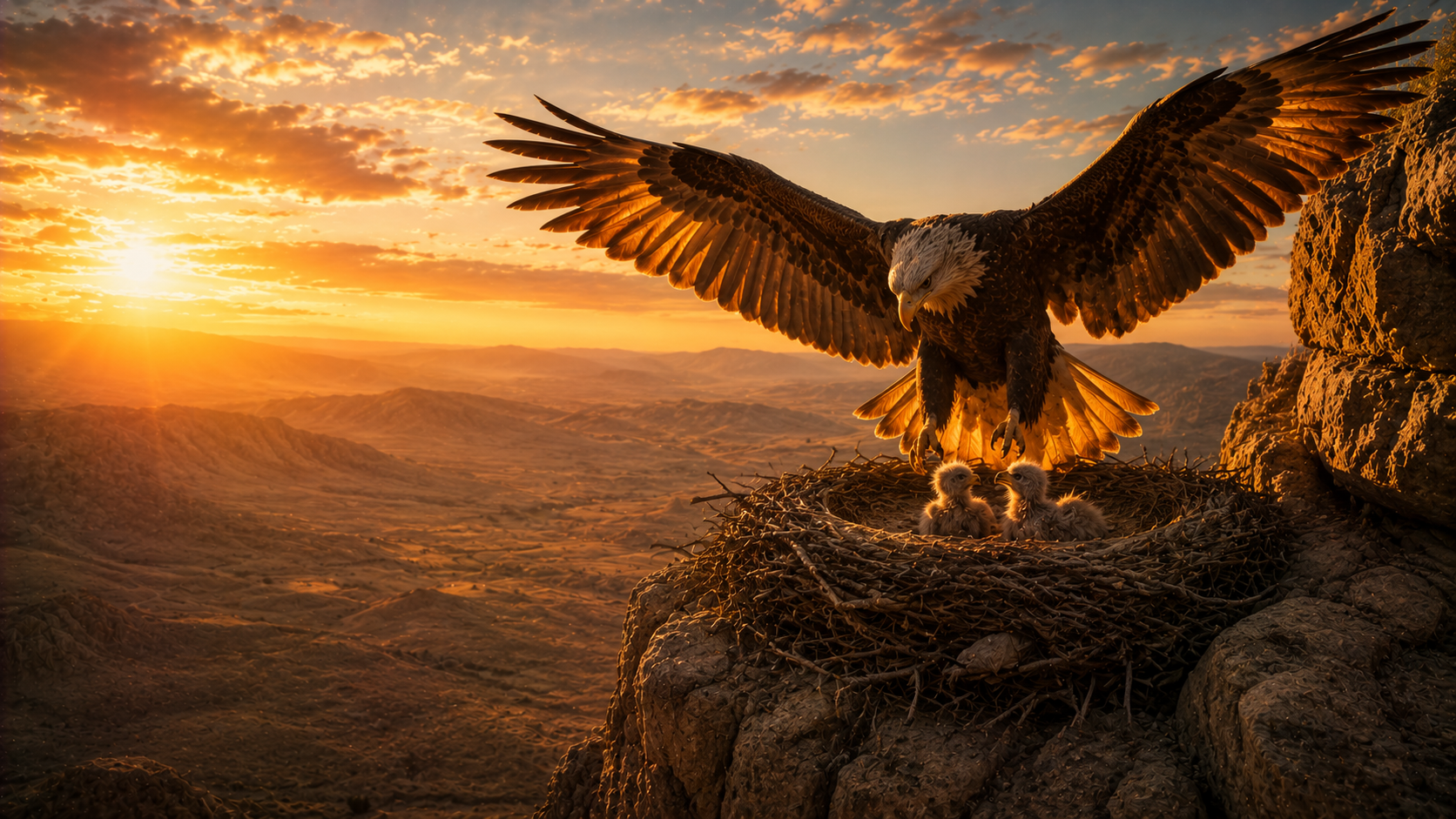 A great eagle hovering with outspread wings over its young in a high cliff nest, bearing them up on its feathers above the wilderness