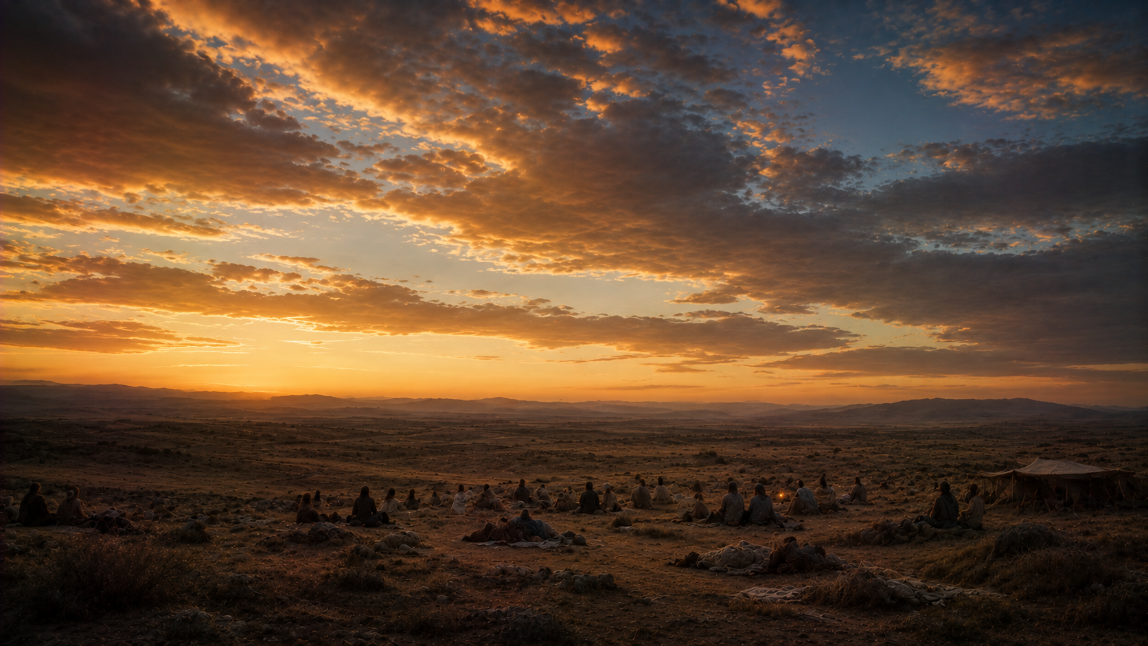 A people resting secure on open ground beneath a vast, luminous sky at dusk, an overarching sense of being held and sheltered