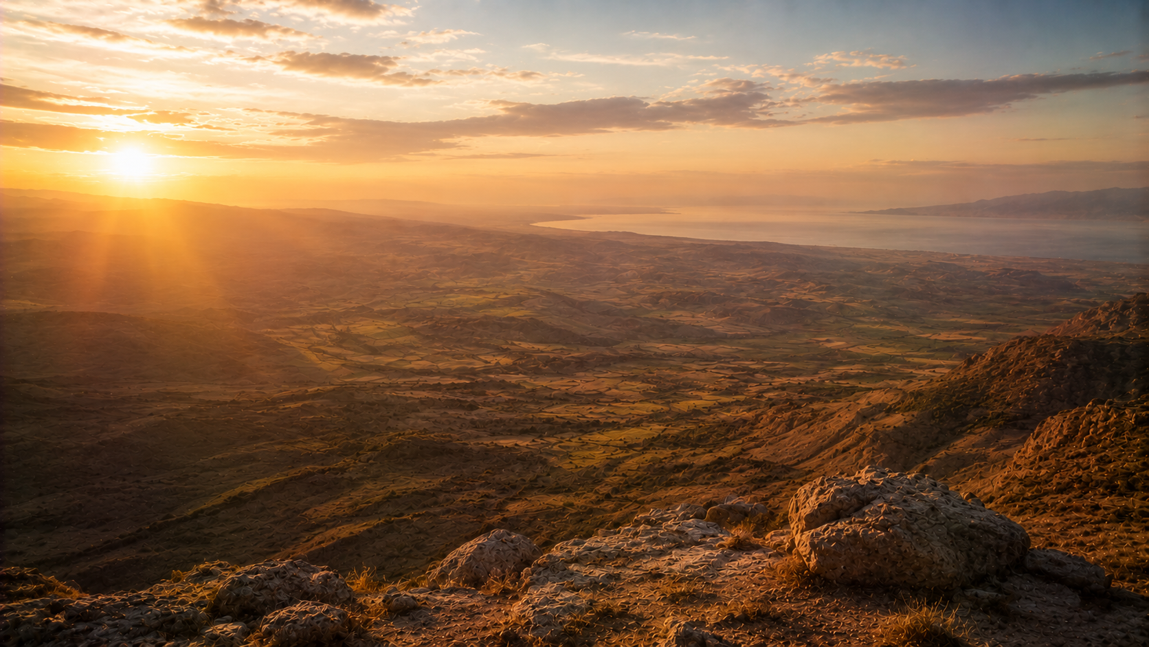 A vast panorama of the promised land seen from a high mountain at dawn, hills and valleys stretching to a distant sea, viewed as if through the eyes of one who will not descend into it