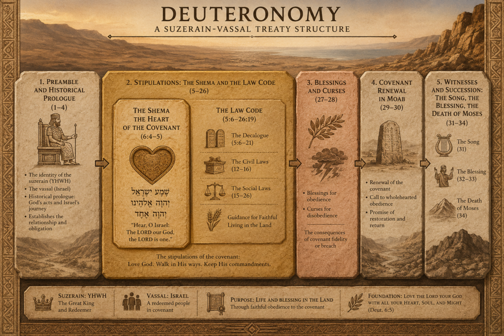 A structural diagram of Deuteronomy showing Moses's three farewell addresses framed as an ancient Near Eastern treaty, with the historical prologue, the Shema and the law code at the center, the blessings and curses, the covenant renewal, and the closing song, blessing, and death of Moses